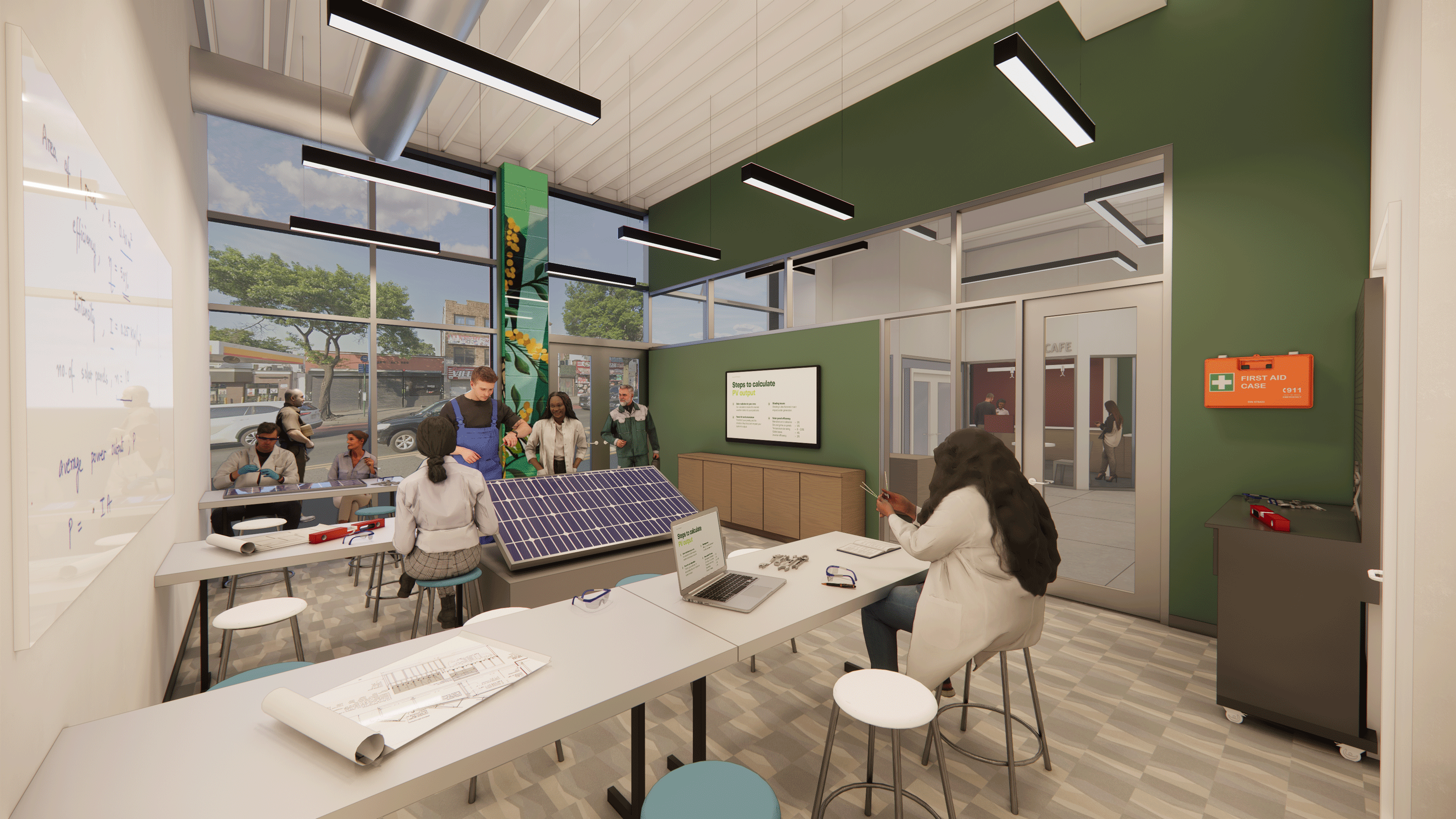 Rendering of a classroom in the Bronx Green Jobs Center with students working on a solar panel