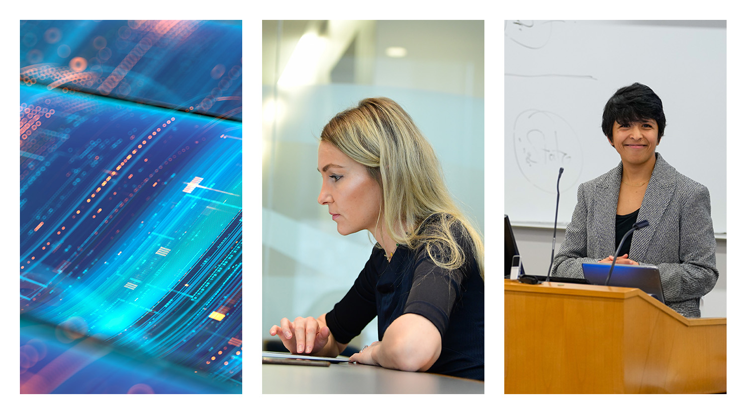 Digital waves, a student on a laptop, and a professor lecturing at a podium.