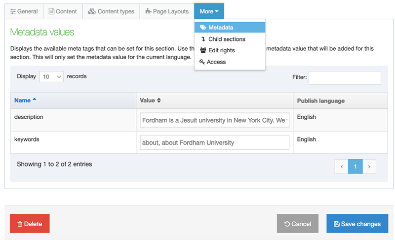 Metadata description and Keyword fields