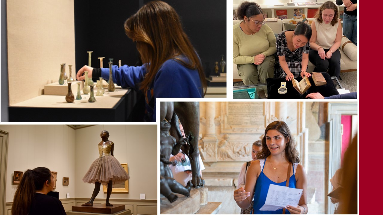 Collage featuring art history students in various learning environments—observing artworks in museums, staging objects for exhibition, and engaging in close looking activities with paintings and sculptures.