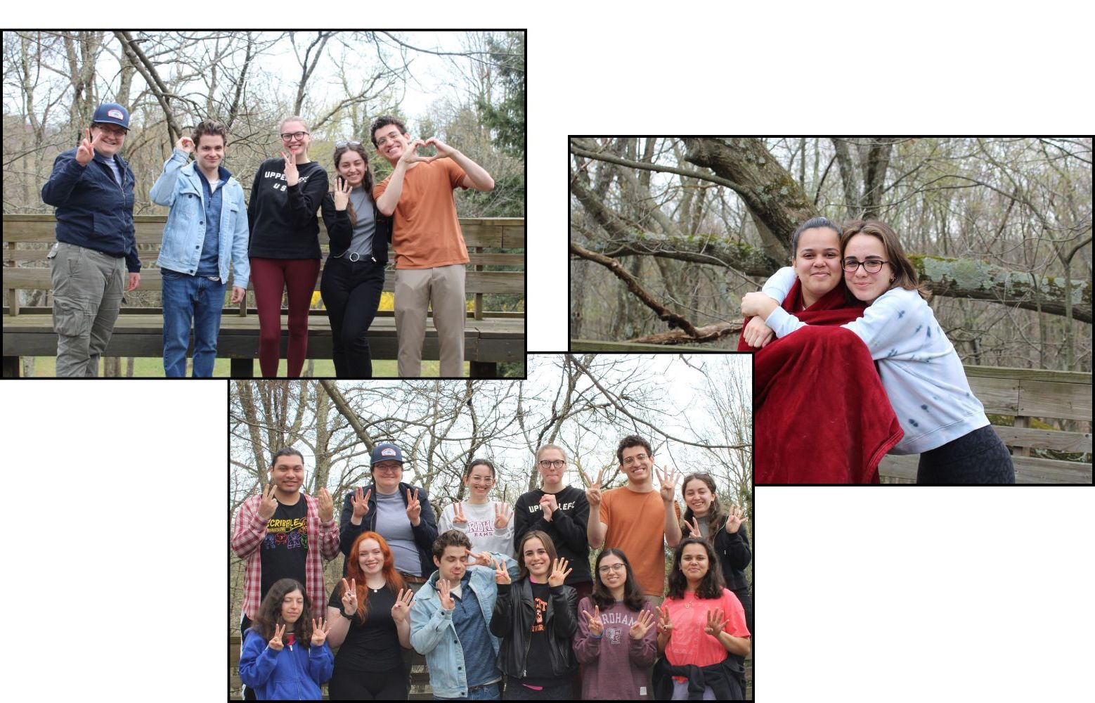 Group Pictures of seniors making 2024 sign with hands and another picture of seniors hugging