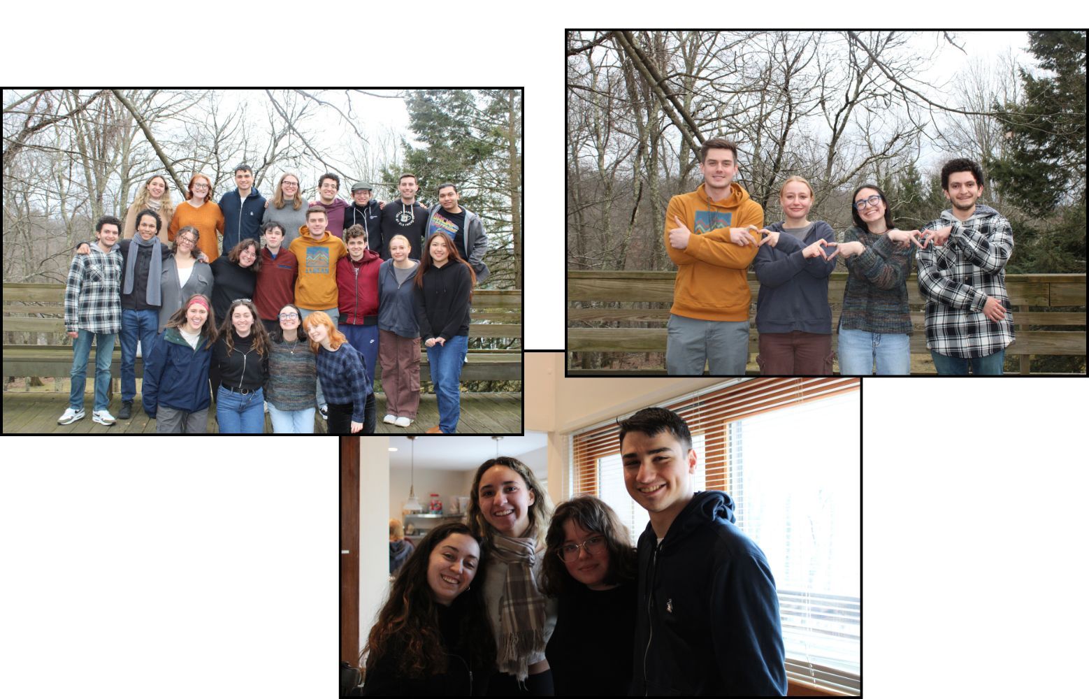 Group of photos of students, hugging at camera, and another picture of them making a heart and put thumbs up