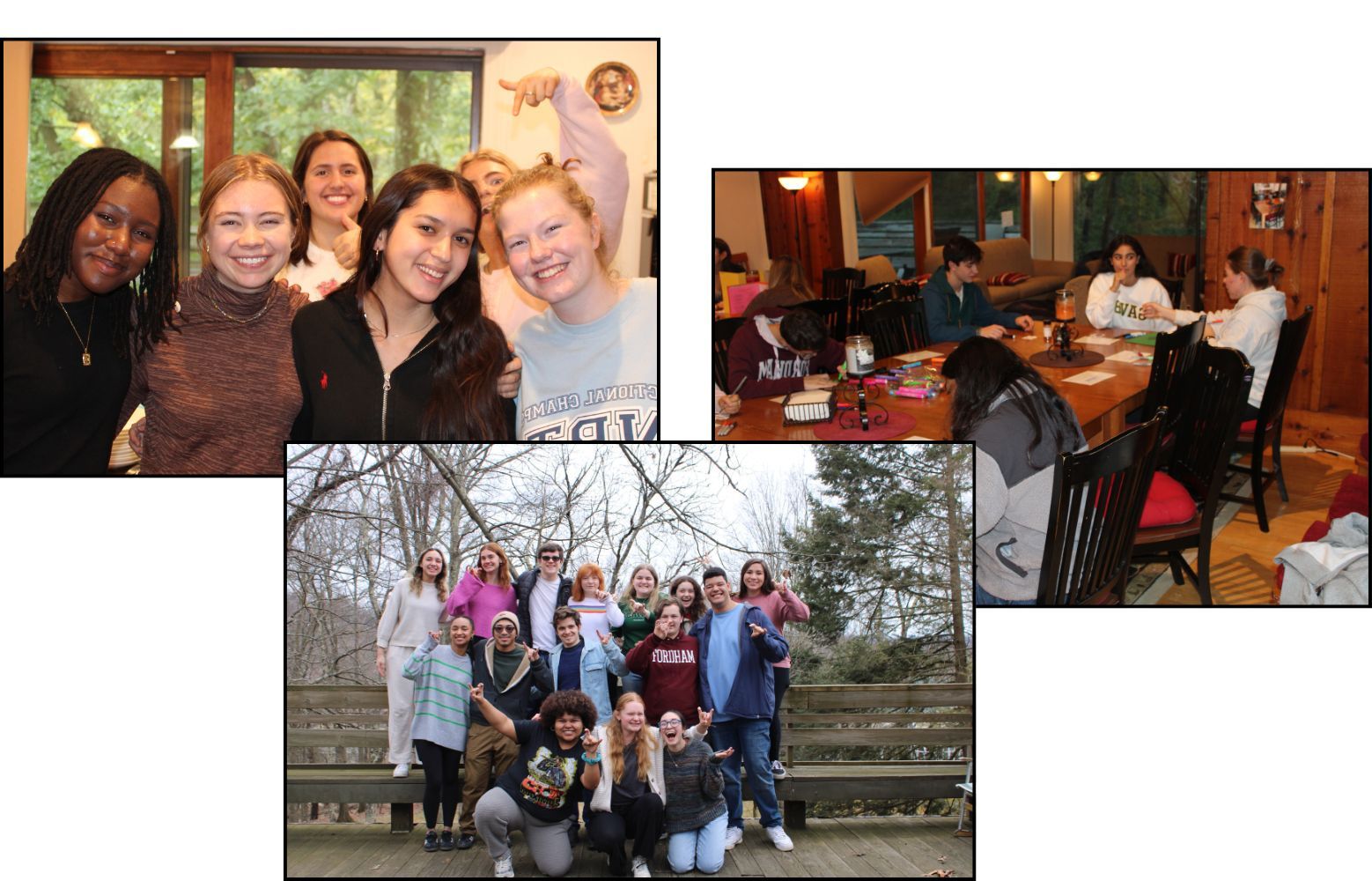 Group Photos of a group of women smiling, another picture of them doing art, and another one of them smiling at the camera