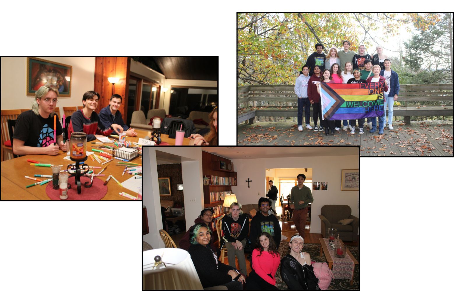 Group Photos of retreatants holding the LGBTQIA+ flag, another picture of students decorating at a table, and a picture of them smiling at camera