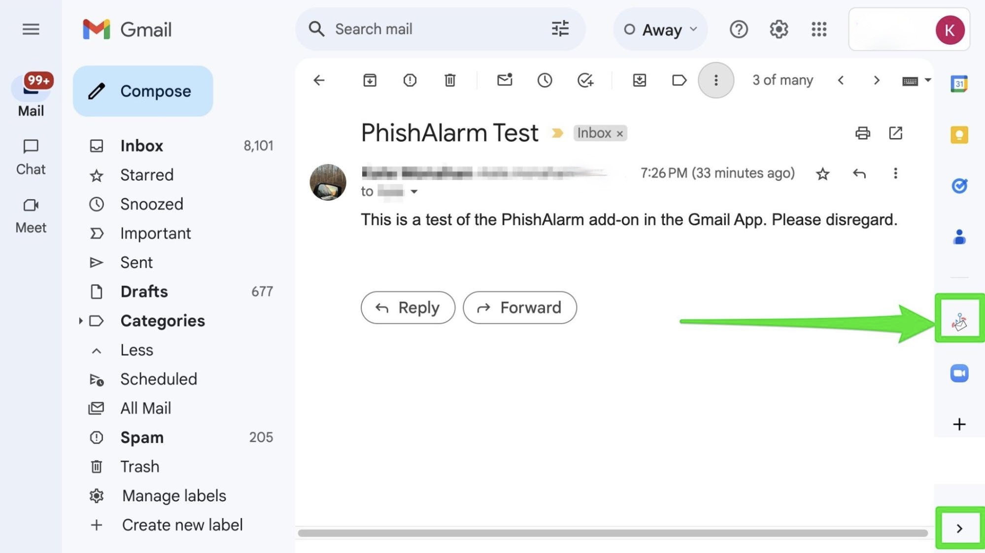 PhishAlarm button appears in the gmail panel on the right side of the screen