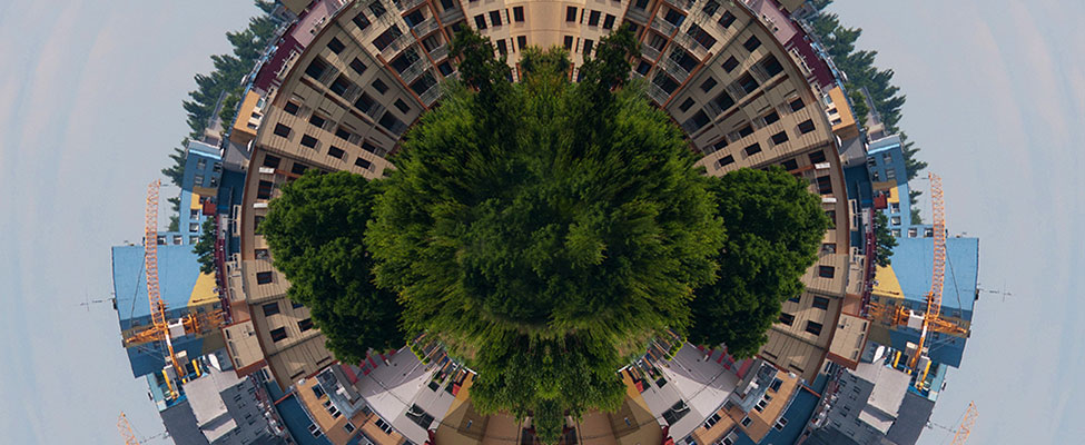 High Aerial of buildings with trees in the middle