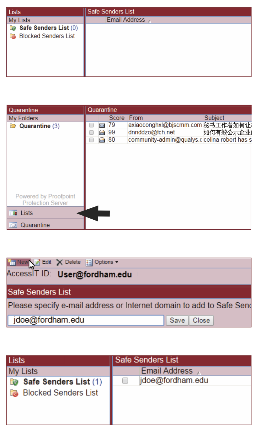 Screenshots of proof points user interface showing lists for safe senders and blocked senders